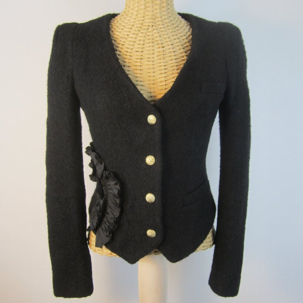 Five Plus Women XS /S Black Boiled Wool V Neck Crop Blazer Jacket Gold Buttons